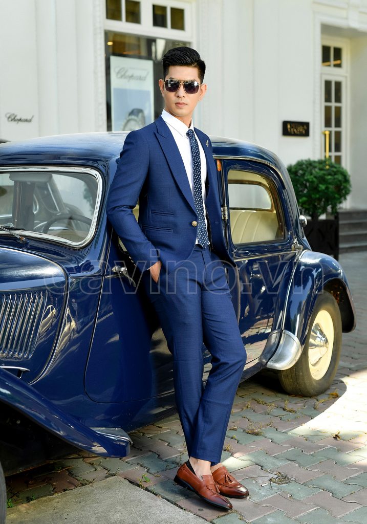 Bộ vest xanh navy kẻ nhỏ cao cấp
